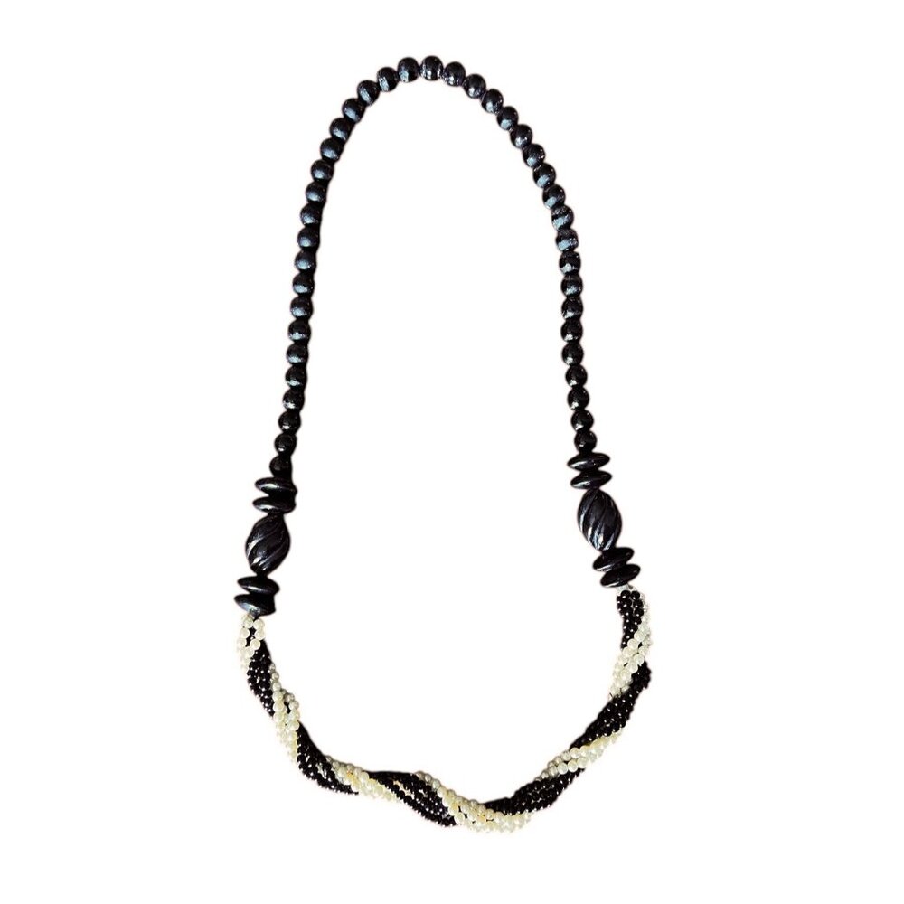 Black Stone & White Beaded Twisted Necklace With Large Black Accents Multistrand